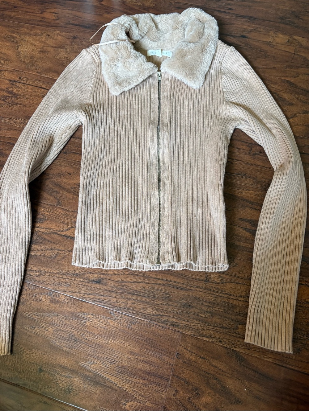 Ultra Flirt Beige Ribbed Zip-Up Top with Faux Fur Collar